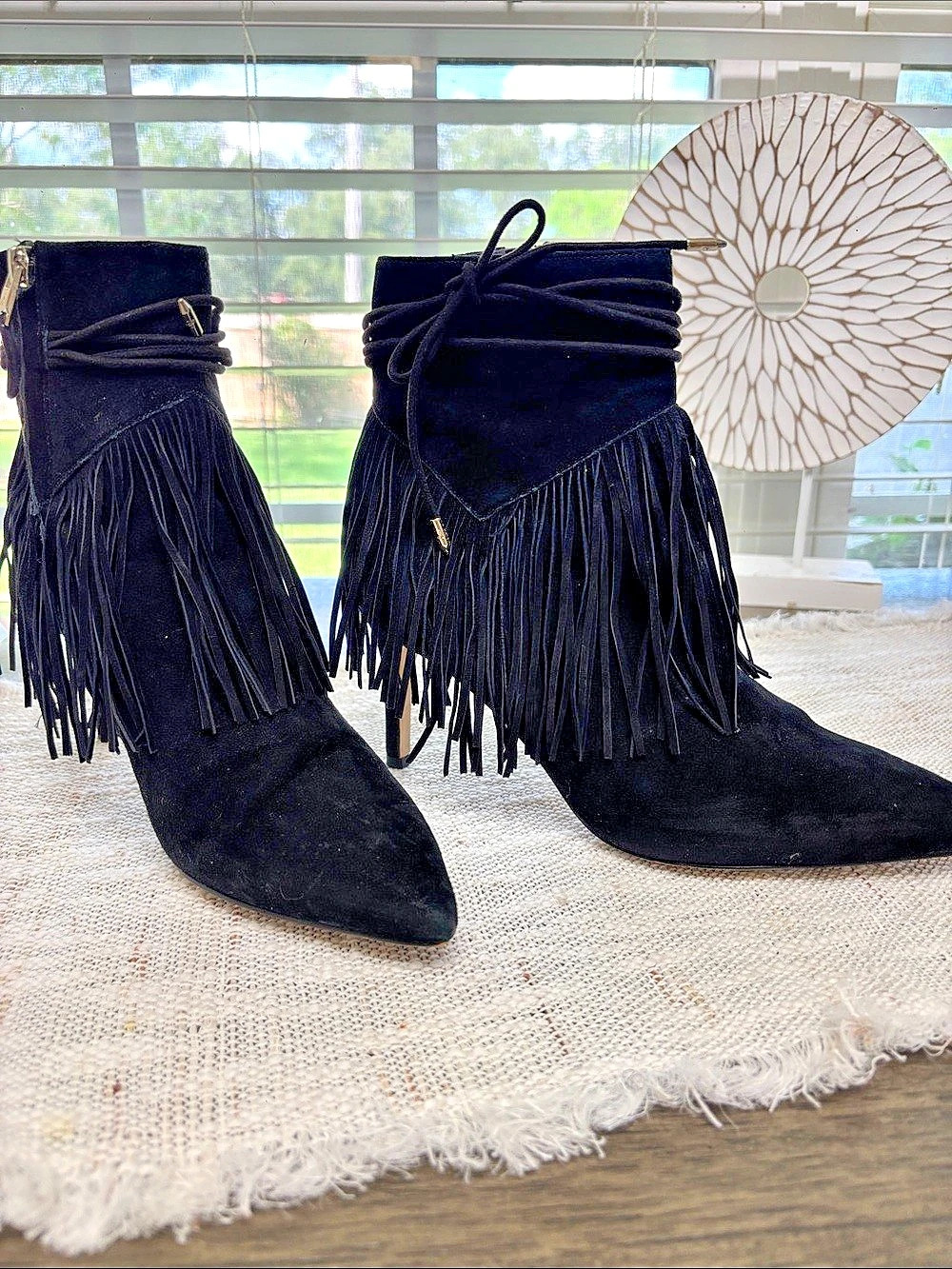 Sam Edelman Black Fringe Pointed-Toe Heeled Boots size 7.5